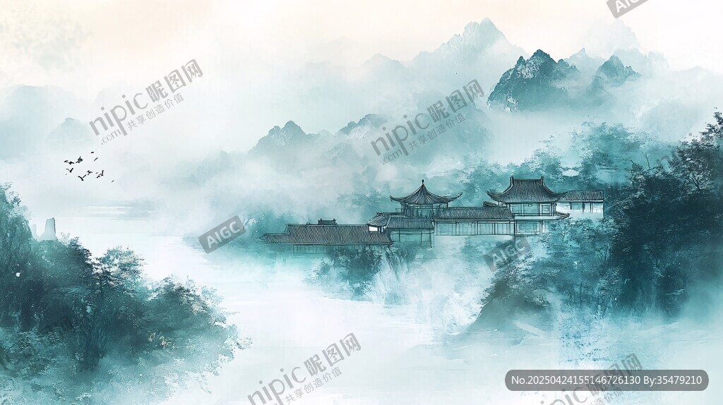 水墨山水間的古韻樓閣