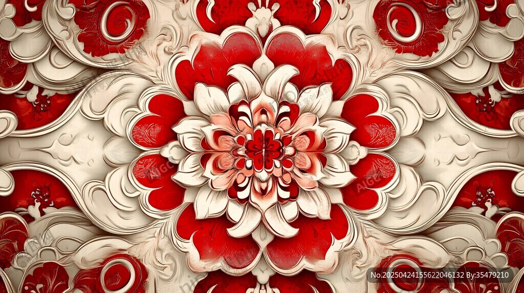 中式紅白花卉立體裝飾圖案