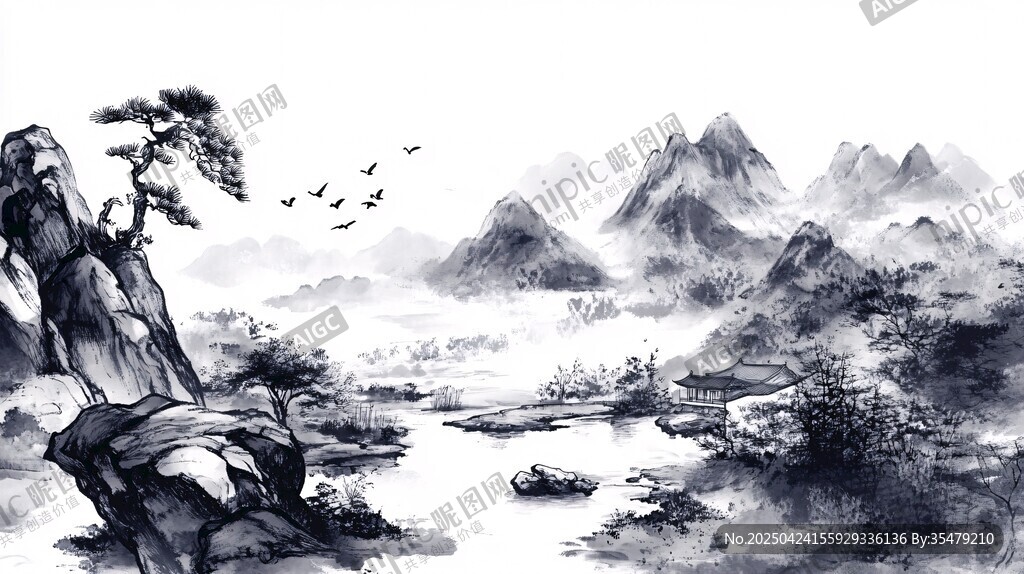 水墨山水間 飛鳥伴松景