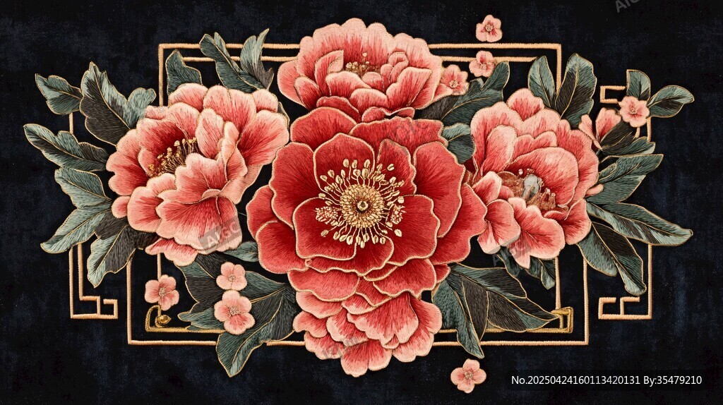 中式牡丹花卉精致圖案