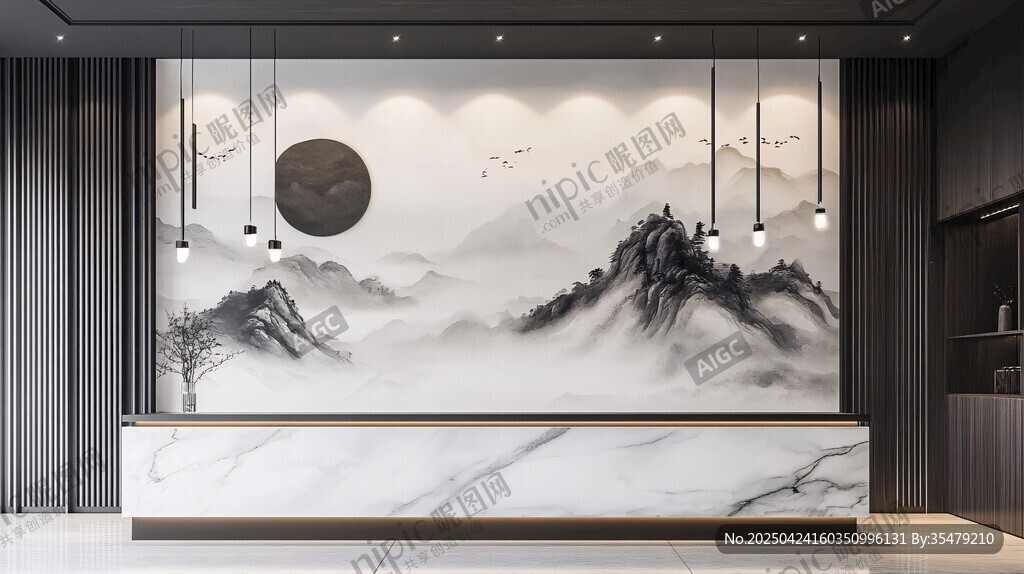 中式山水風(fēng)格前臺(tái)背景墻