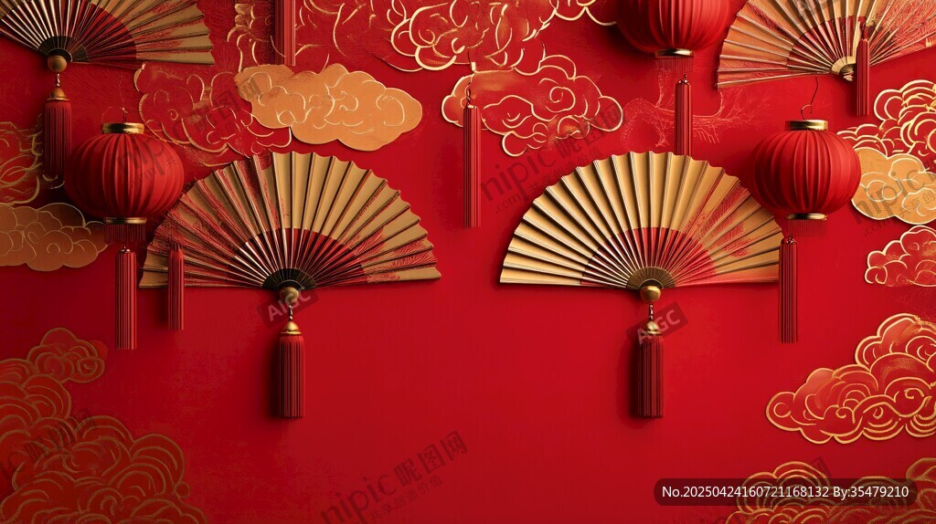 中式紅墻下的折扇與燈籠