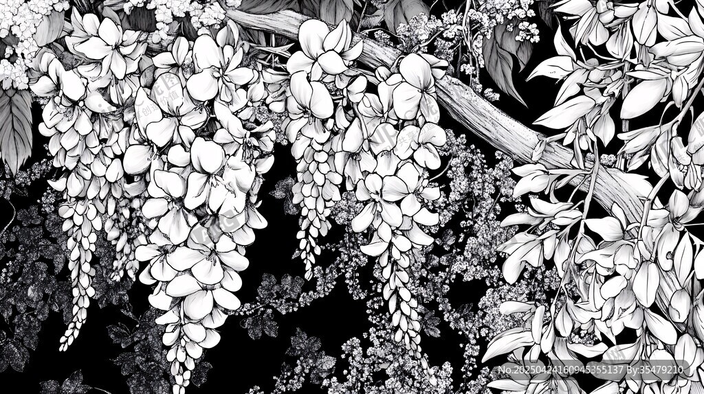 黑白紫藤花卉線描圖