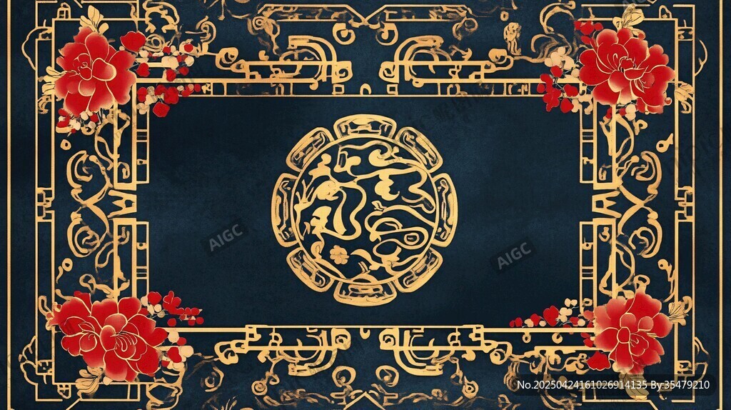 中式黑金花卉邊框裝飾圖