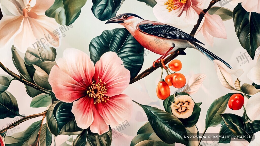 花鳥圖 枝頭鳥與嬌艷花卉
