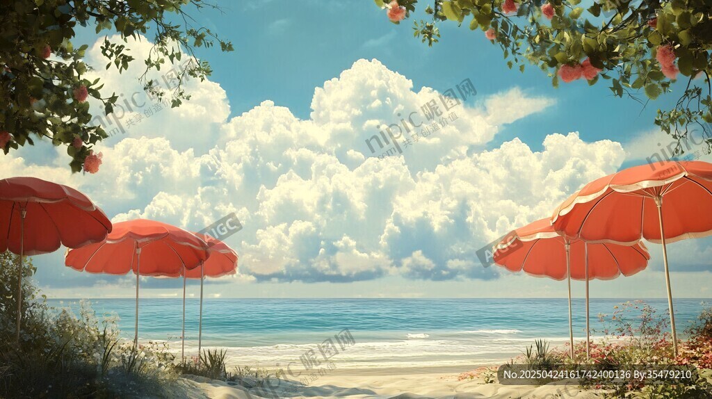 海邊紅傘下的愜意風景