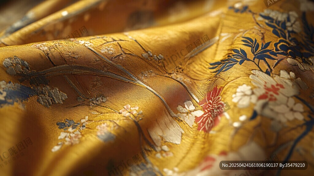 金黃刺繡花紋絲綢面料