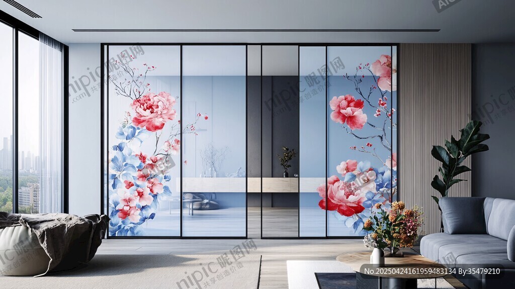 中式花卉玻璃隔斷客廳空間