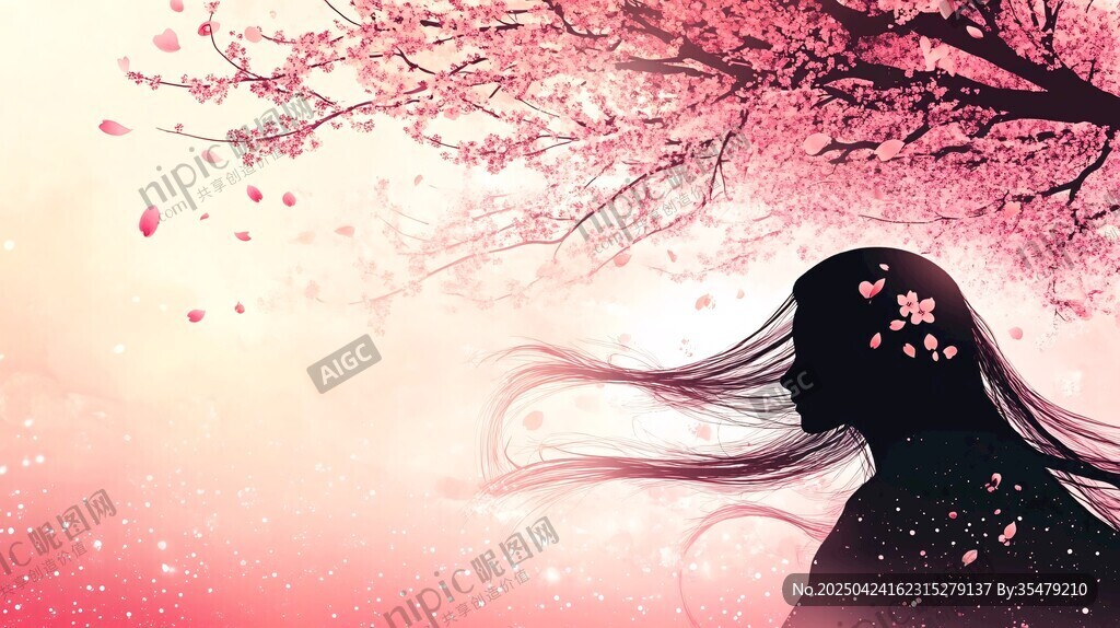 櫻花下的飄逸少女剪影