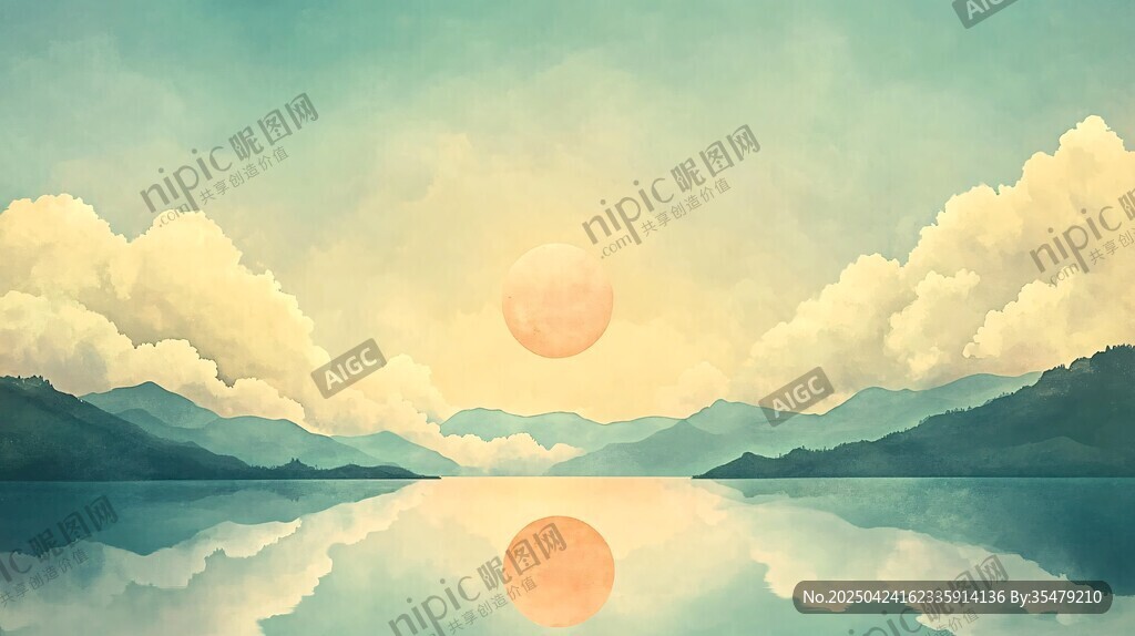 夕陽映湖的夢幻山水圖景