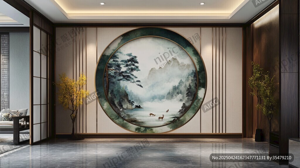 中式客廳圓形山水裝飾畫