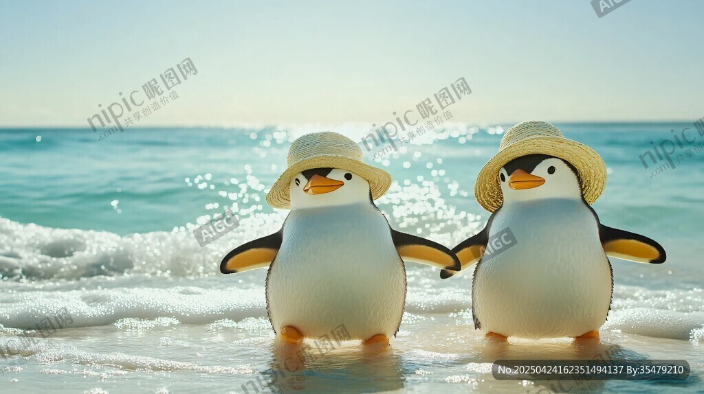 海灘上戴帽的可愛(ài)企鵝