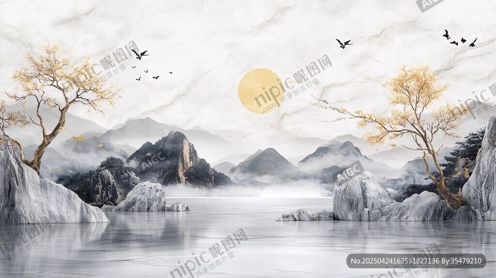 水墨山水間的落日飛鳥景