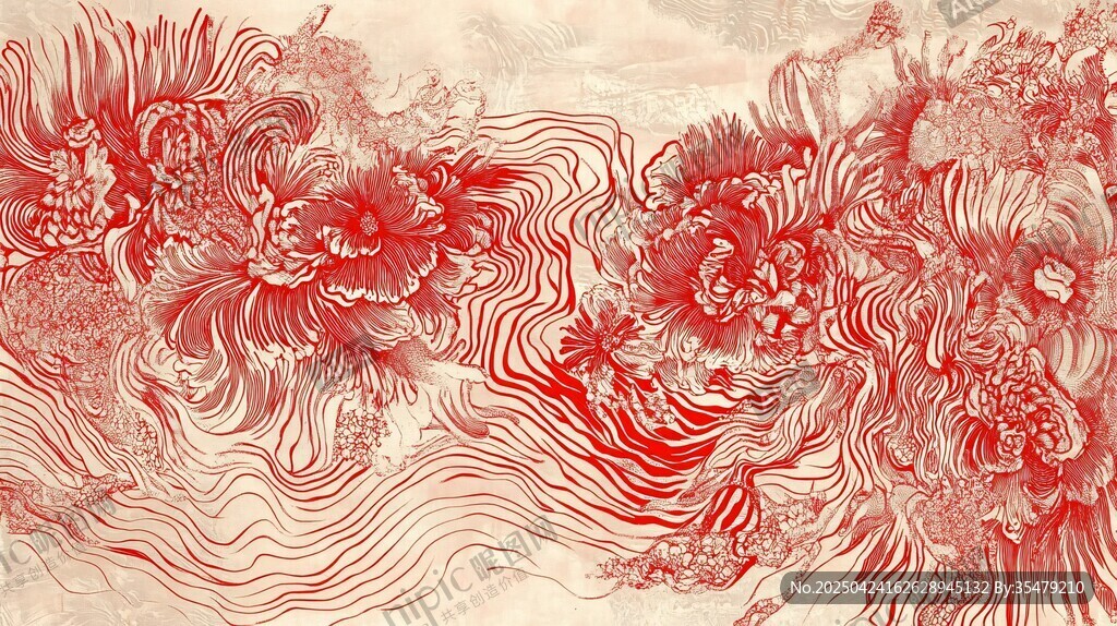 中式寫意牡丹海浪紋圖案