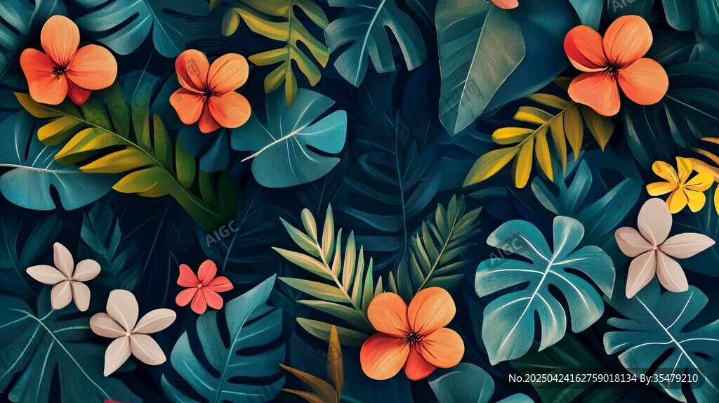熱帶花卉與綠葉背景圖案