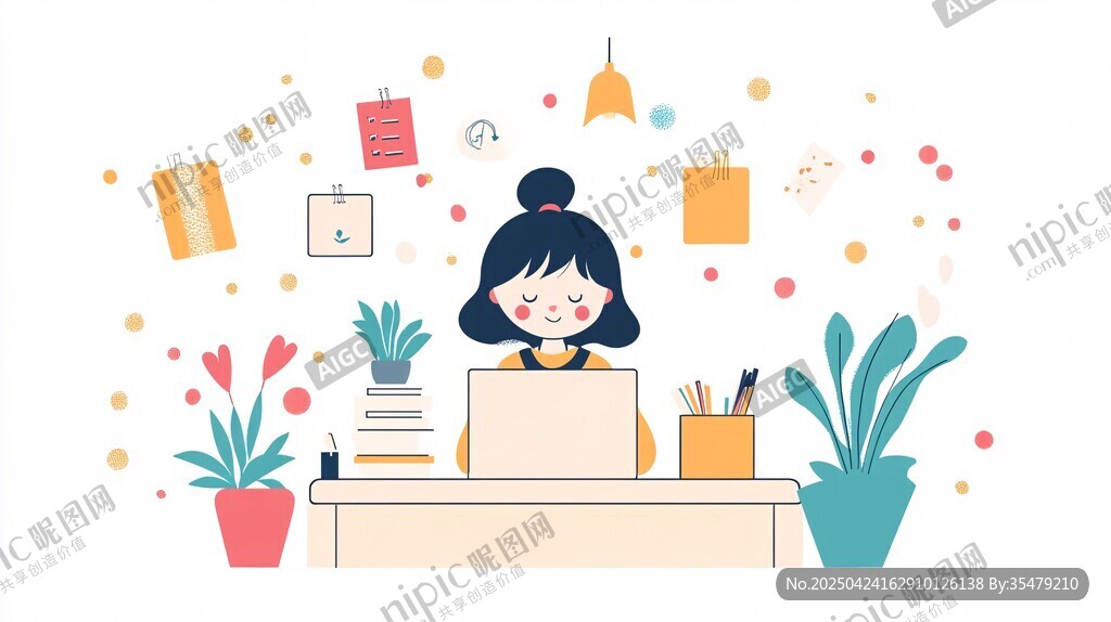 女孩專注于桌前的筆記本電腦
