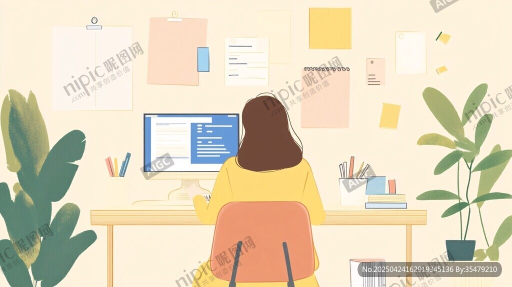 女孩專注辦公的溫馨場景