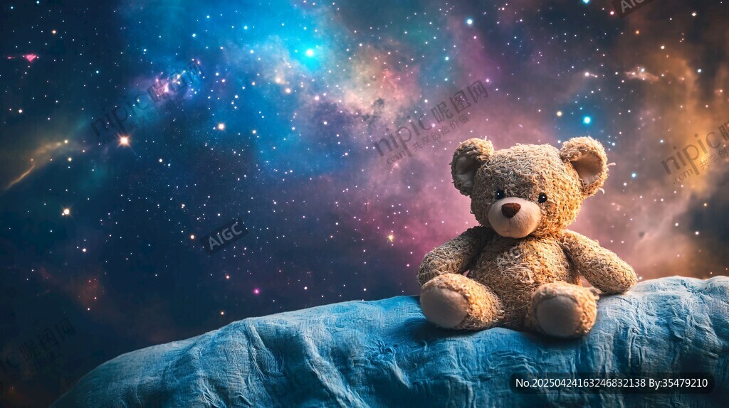 小熊坐于床畔仰望夢幻星空