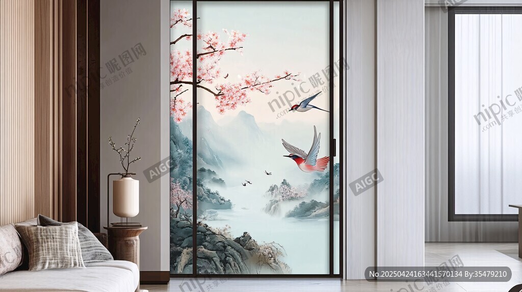 中式花鳥山水玻璃隔斷畫