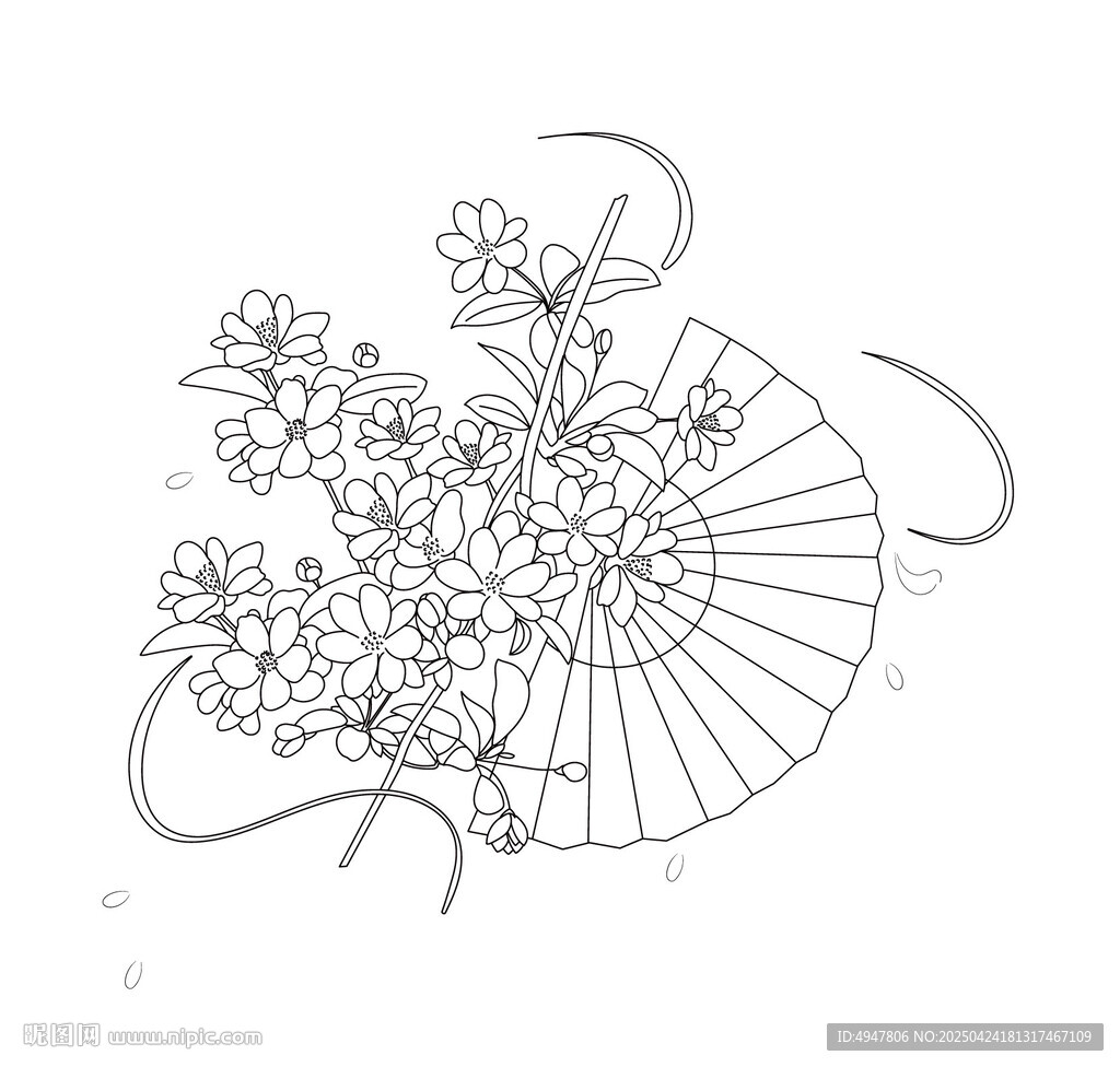 折扇花卉線稿圖 矢量圖