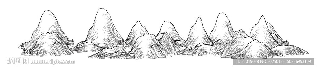 連綿群山黑白線條畫
