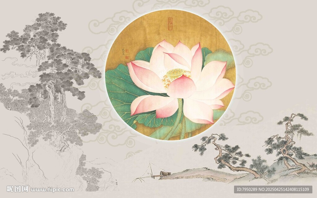 中式水墨荷花風景圖