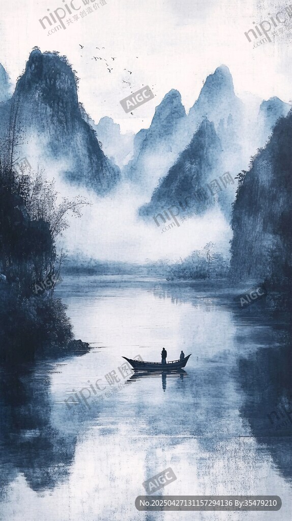 水墨山水間的孤舟逸景