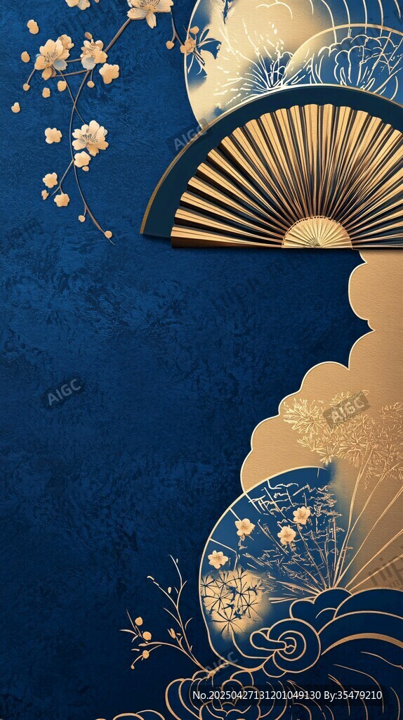 藍(lán)金中式風(fēng) 折扇花卉與云紋