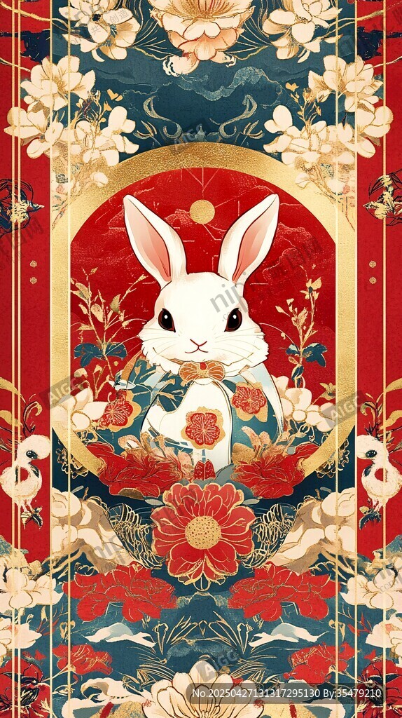 玉兔賀歲花卉國風插畫
