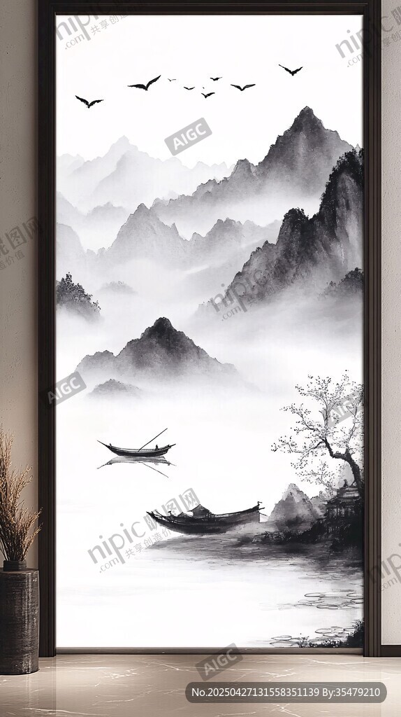 中式水墨山水玄關裝飾畫