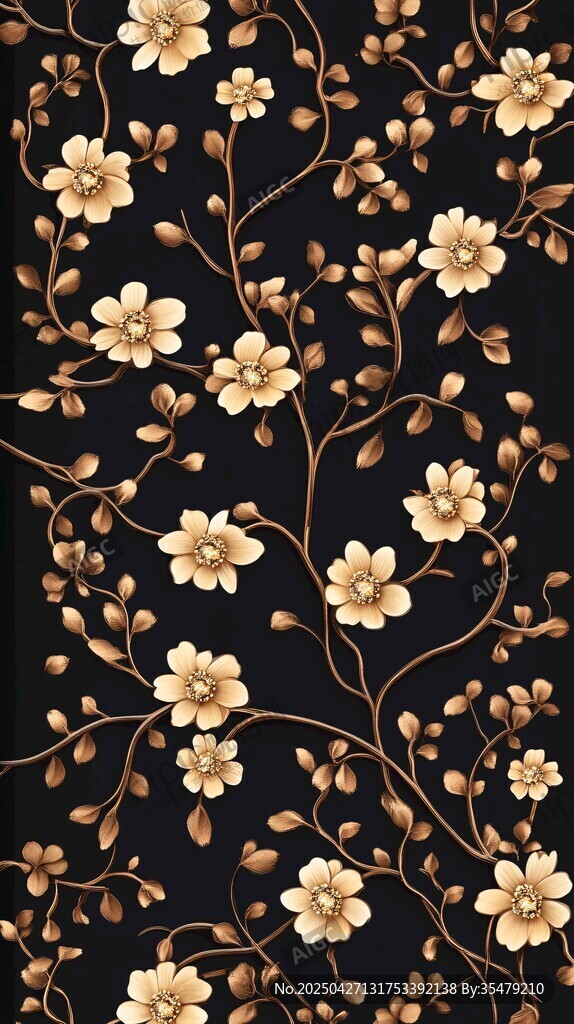 黑色背景金色花卉圖案