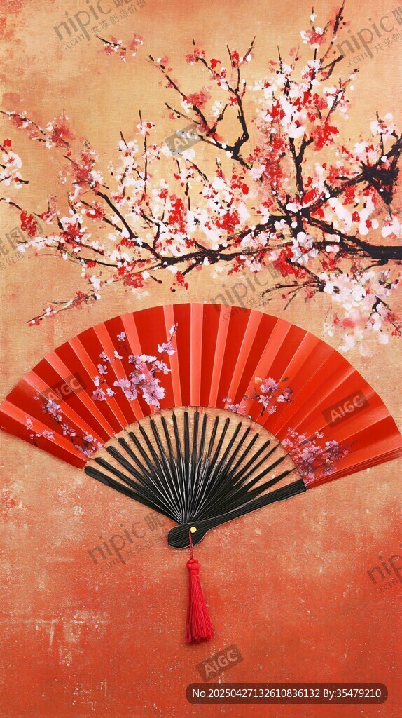 古風(fēng)折扇與爛漫花枝圖