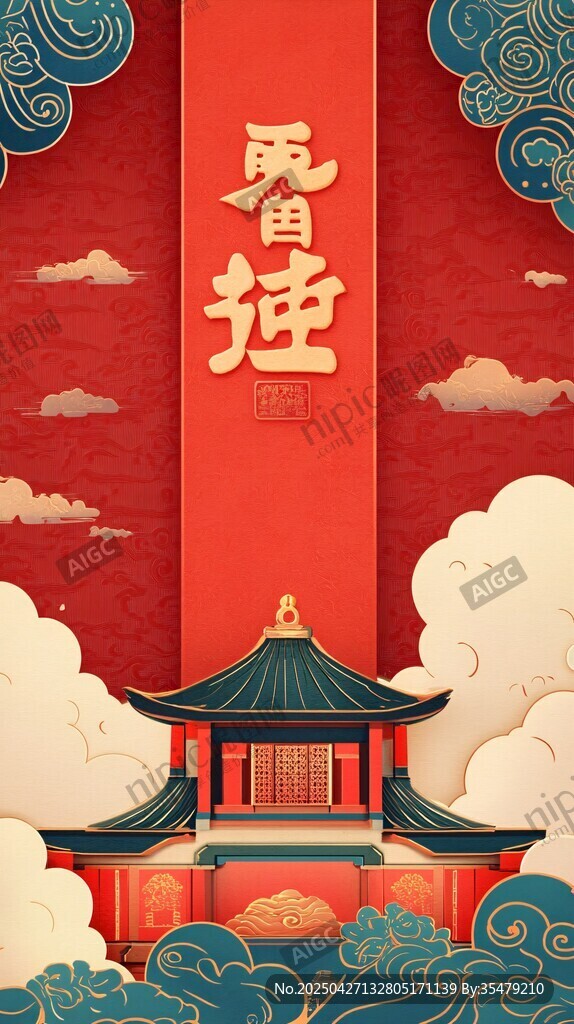 中式建筑喜慶雷神廟宇圖