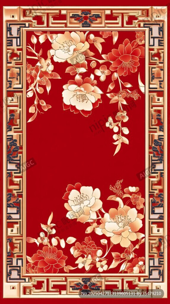 中式紅底花卉邊框圖案