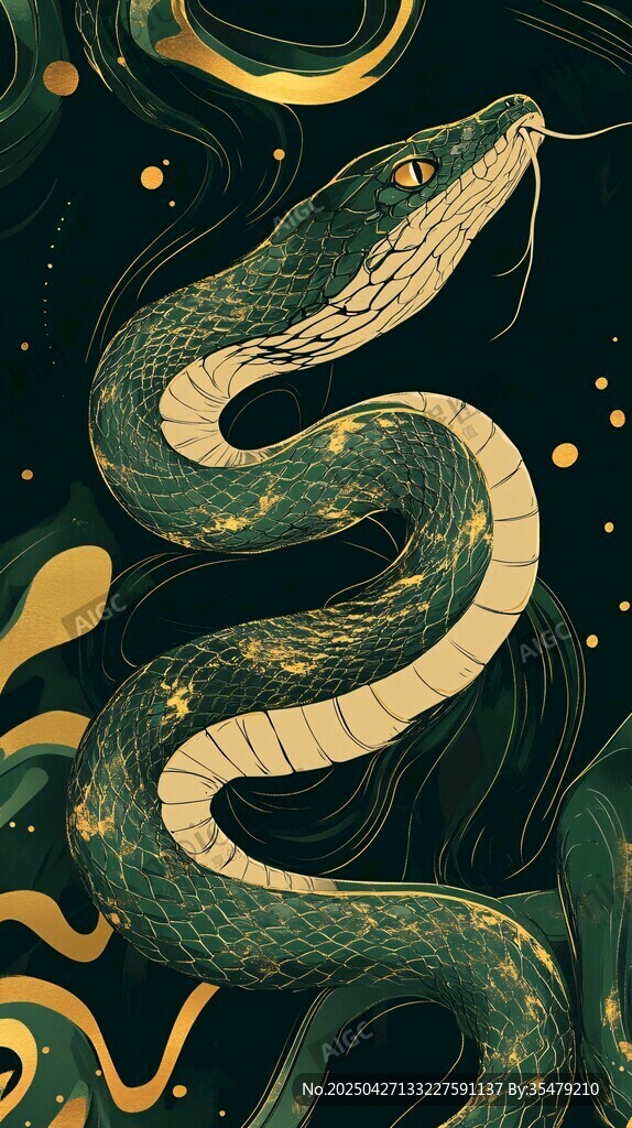 神秘靈蛇插畫 金綠交織