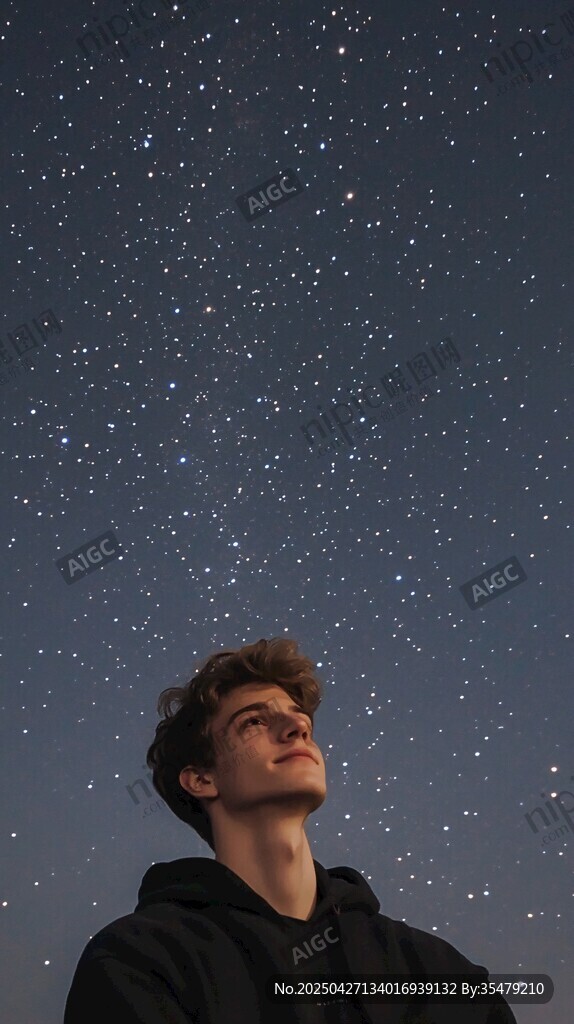 仰望星空的沉思青年