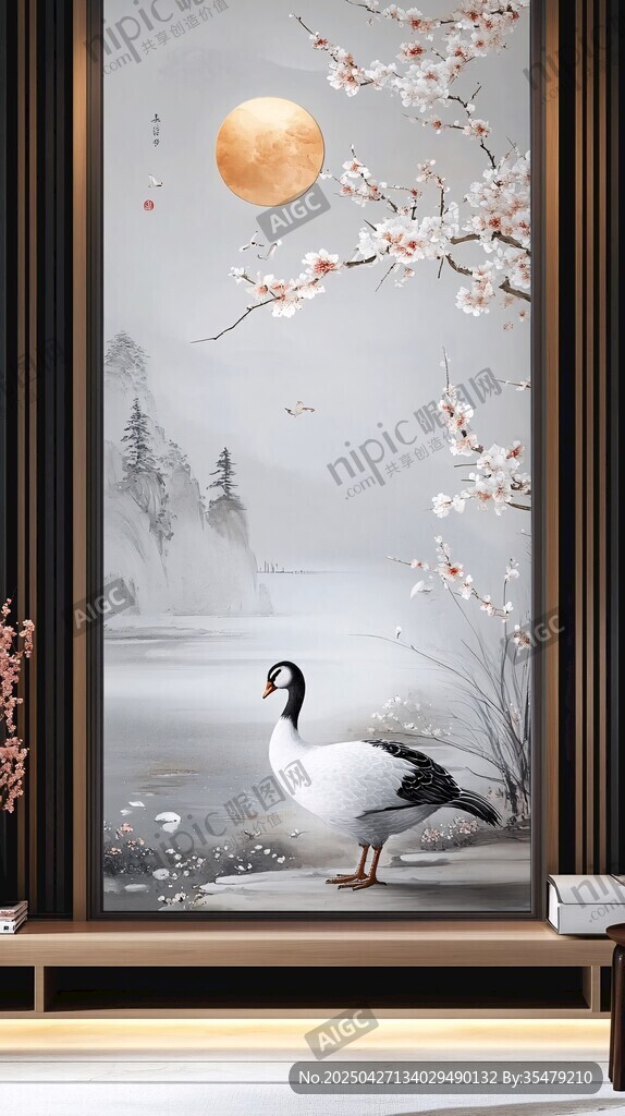 中式玄關(guān)仙鶴明月梅花圖