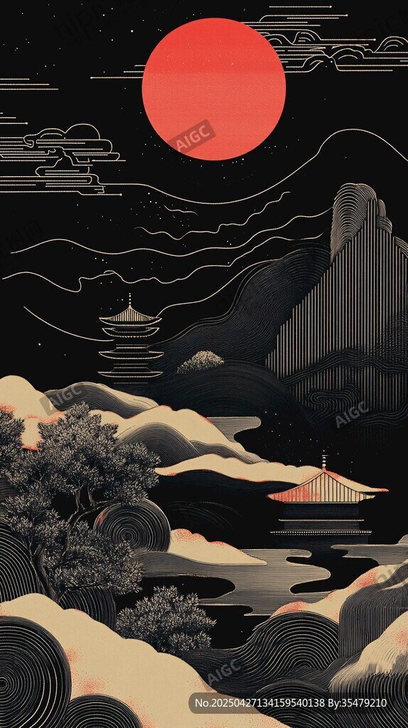 古風(fēng)山水紅日寫意畫境