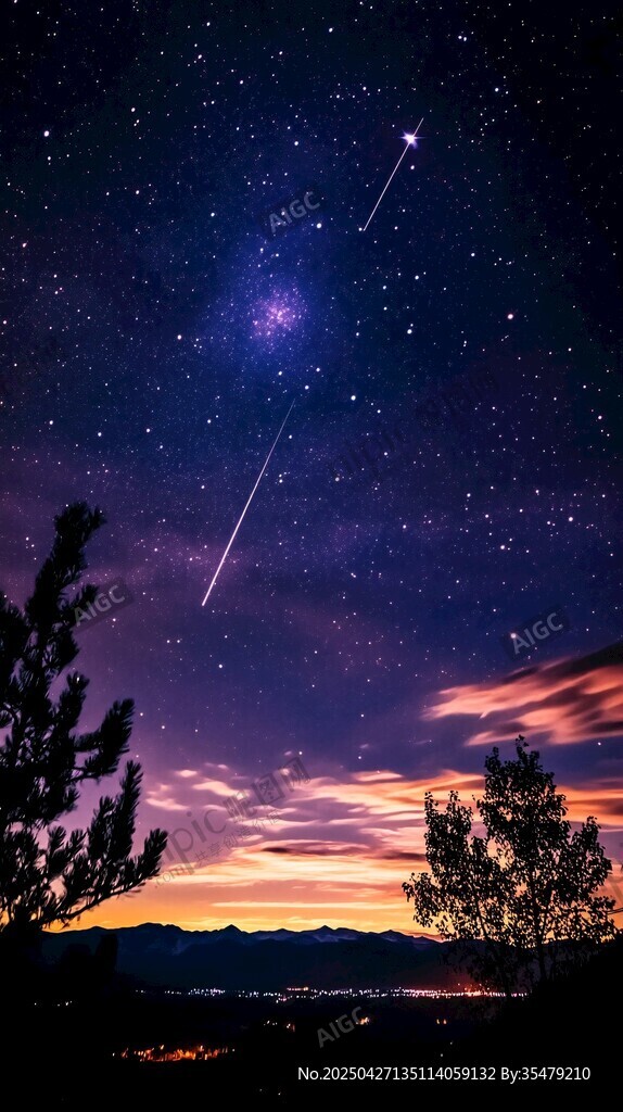 夜空中的流星與絢爛霞光