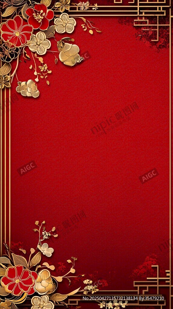 中式紅底花卉邊框背景圖
