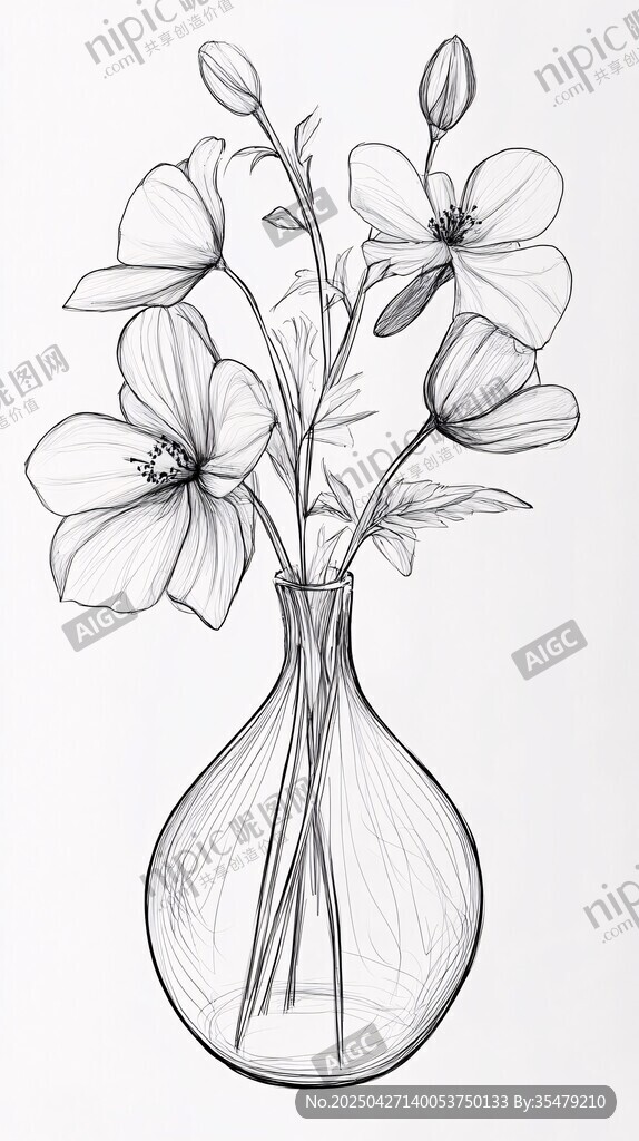 花瓶中的花卉素描圖