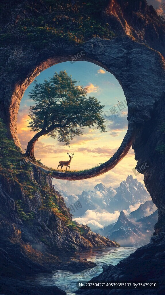 夢(mèng)幻山洞中的樹與鹿奇景