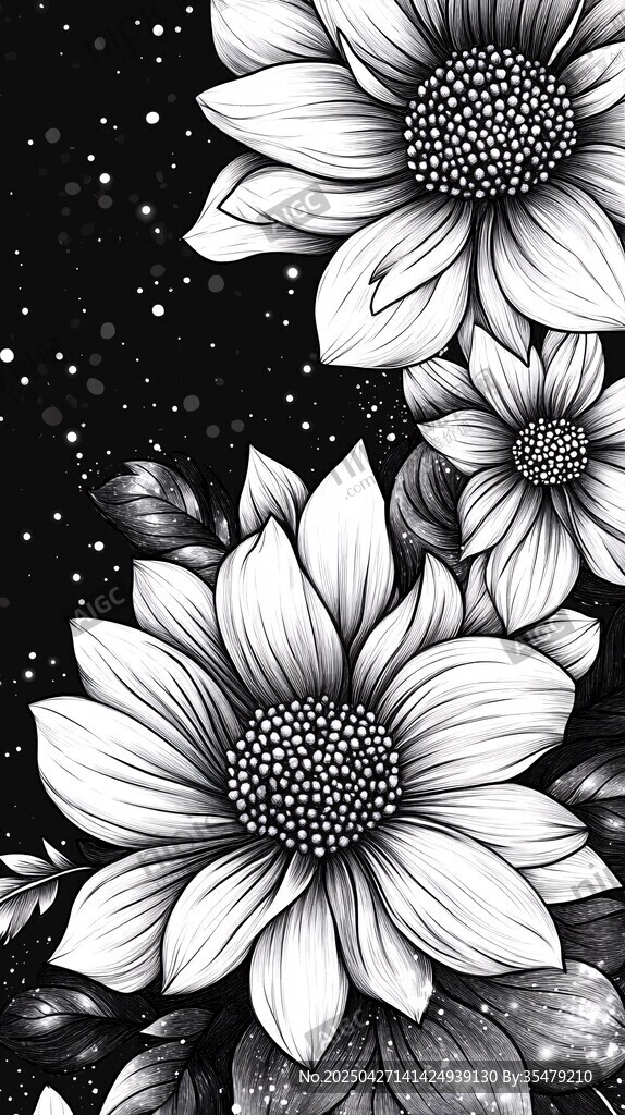 黑白花卉星空唯美插畫