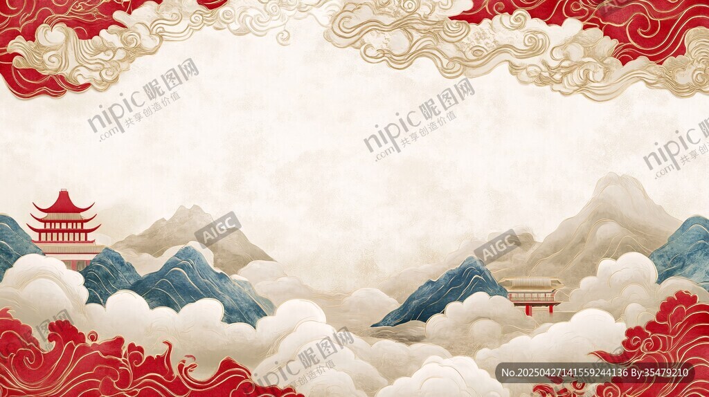 中式山水樓閣祥云背景圖