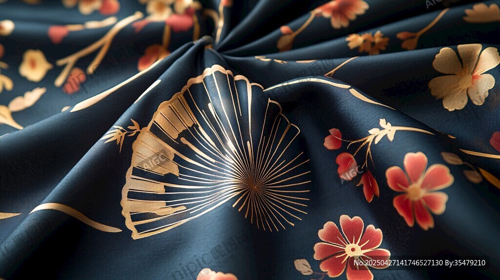 深藍(lán)錦緞上的中式花卉圖案