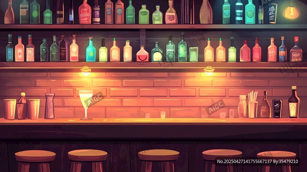 復古風酒吧吧臺插畫場景