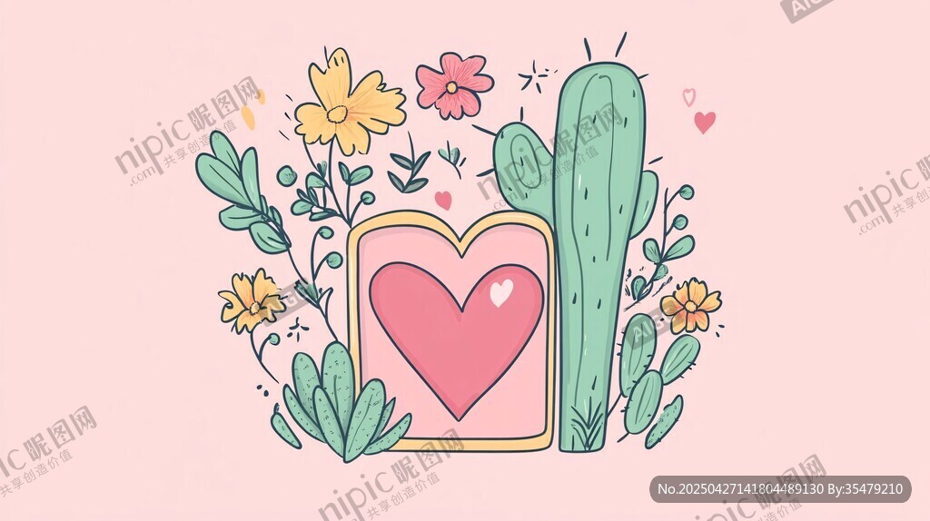 心形框中的花卉仙人掌插畫