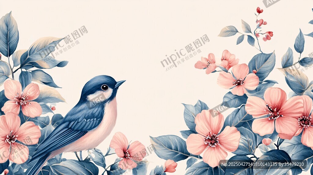 藍(lán)鳥棲繁花間的唯美圖景