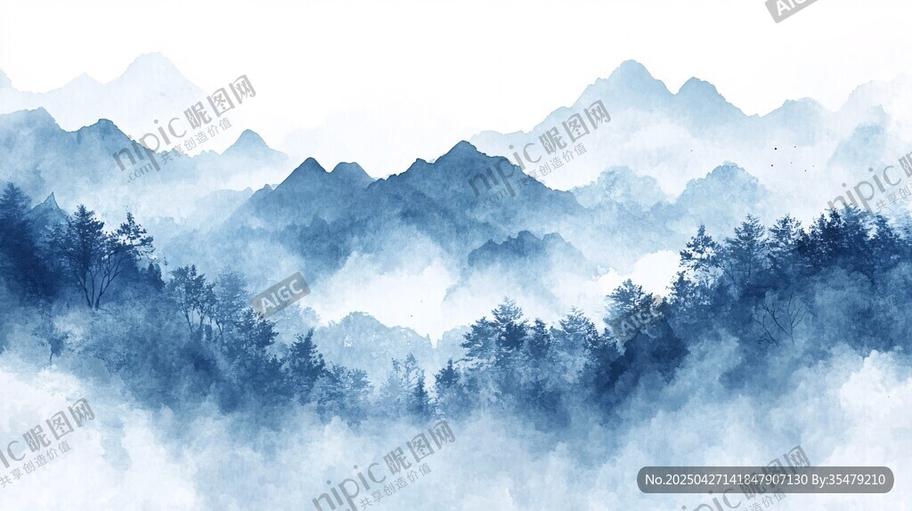水墨群山間的縹緲云霧