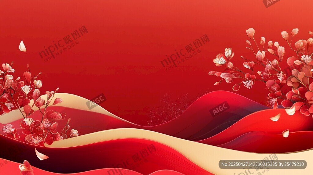 喜慶紅色花卉波浪背景圖